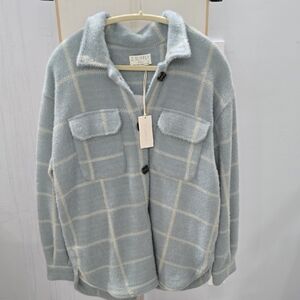 Z Supply Women's Light Blue Checkered Teddy Jacket. Oversized Small. Runs Bigger